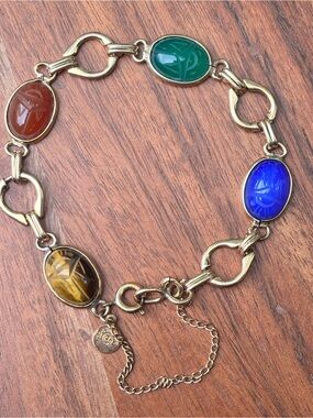 Vintage Scarab Bracelet 12K Gold Filled Egyptian Revival Multi Stone 7”
